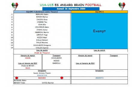 U15 : CONVOCATION SAMEDI 26 SEPTEMBRE
